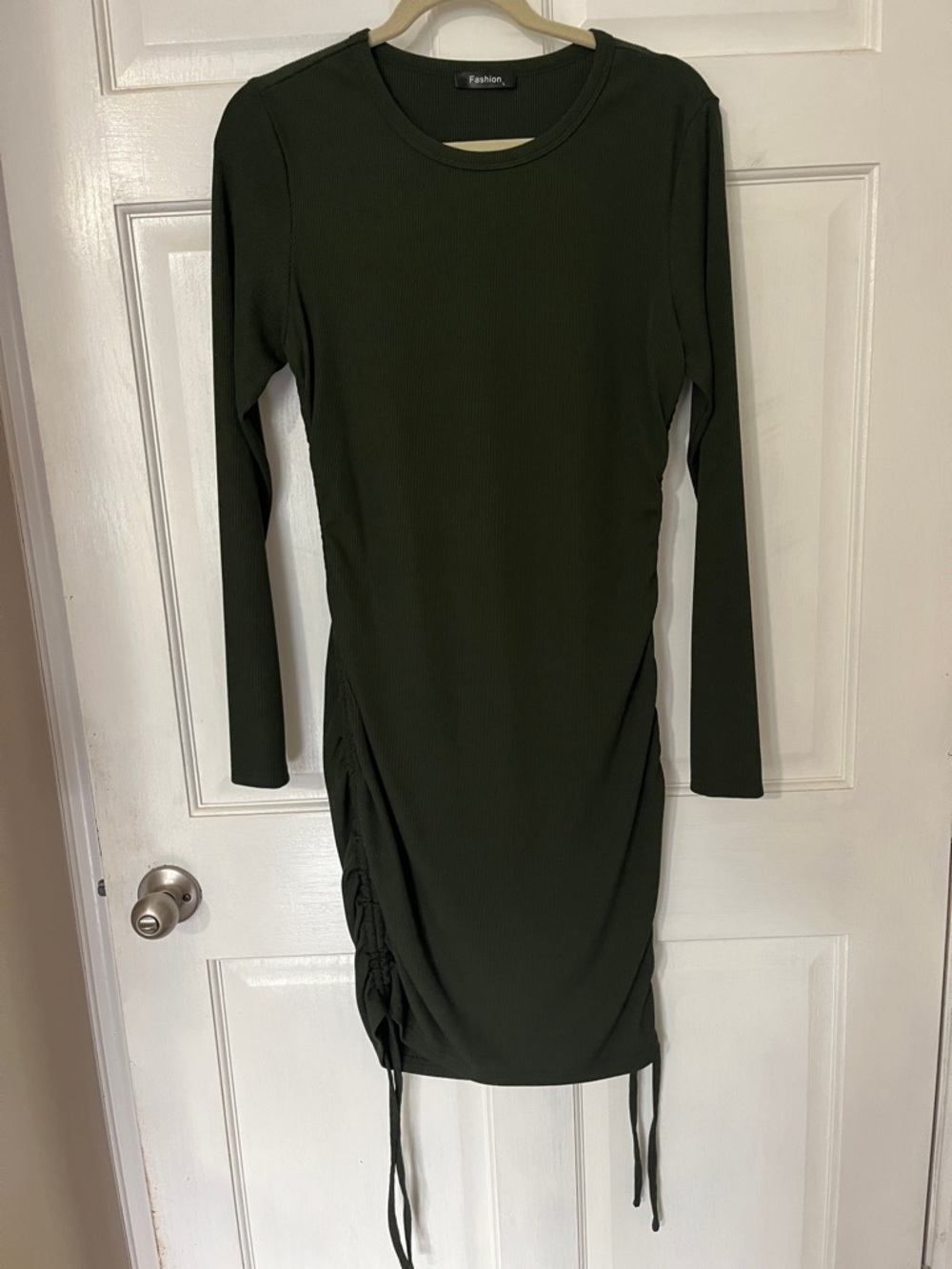 Long-Sleeve Olive Green Ruched Side Dress